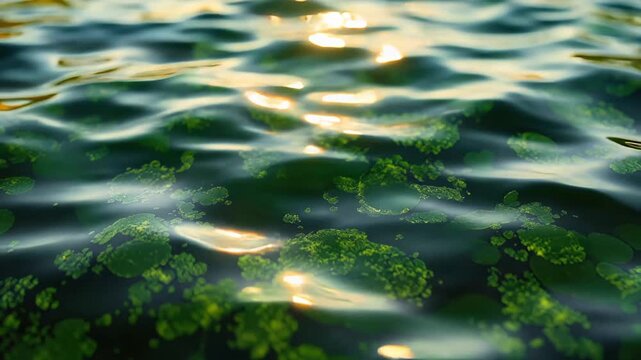 Sunlight sparkles on a tranquil water surface covered with floating green algae bloom, creating a serene natural background.