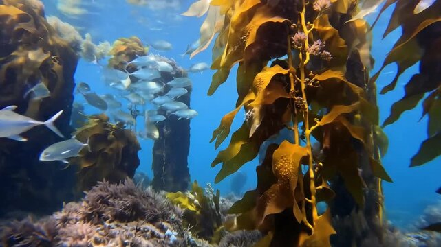 Kelp Forest with School of Silver Fish Deep Blue Ocean Habitat and Sunlight