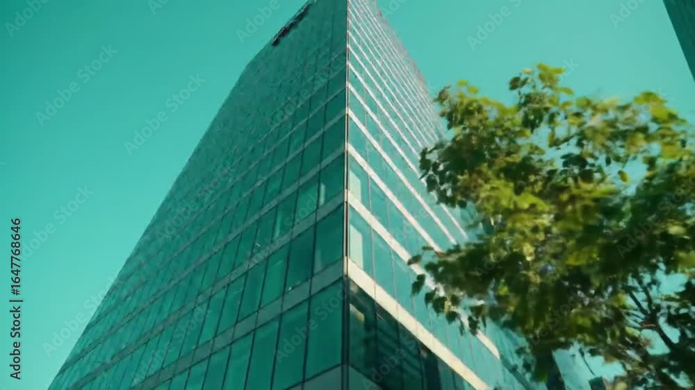 Poster low angle view of modern glass skyscraper with geometric facade and angular design