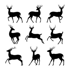 Fototapeta premium Black deer silhouettes in various poses white animal