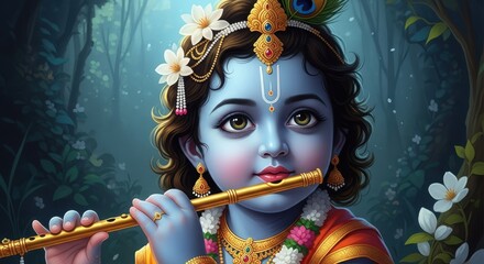 Divine Child Krishna Plays Flute in Enchanting Forest