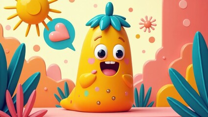 Naklejka premium Cheerful Yellow Fruit Character with Happy Expression and Cute Sun