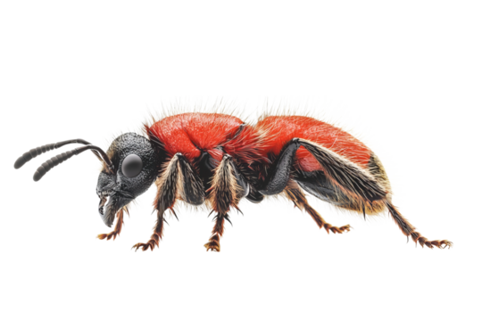 A vibrant red and black insect with fuzzy features, showcasing details and textures of its body.