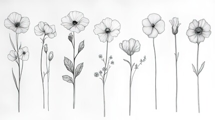 Set of Hand - Drawn Anemone Flowers in Line Art Style for Design Projects 