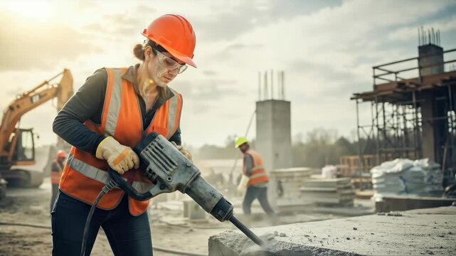 Woman in hardhat and hi vis vest operates jackhammer on concrete slab at active build site, gritty cinematic style, concept strength equality industry safety, use for hiring promo services