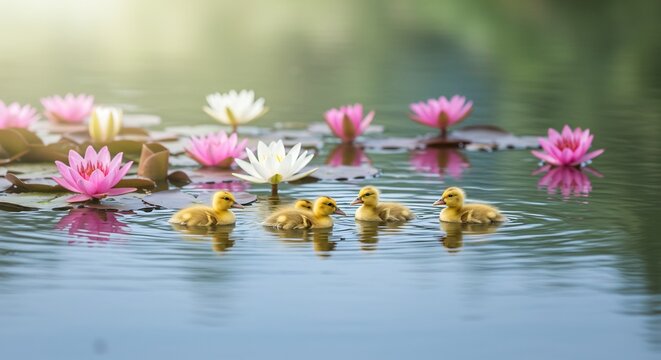 Canetons dor�s nagent paisiblement parmi n�nuphars roses blancs lumi�re douce matinale. AI Generated
