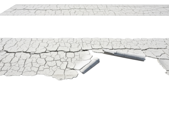 A weathered white crosswalk line segment, severely peeling and cracked on dark asphalt, isolated against a transparent background with bright studio light, close-up, concept of urban decay