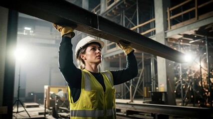 Determined woman in hardhat and safety vest raises steel beam in factory, dramatic cinematic style, concept strength industry empowerment, use for hiring promo safety training