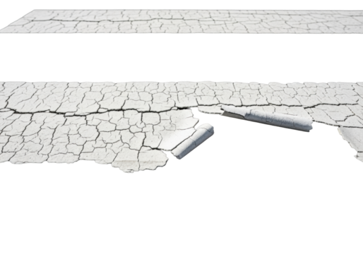 A weathered white crosswalk line segment, severely peeling and cracked on dark asphalt, isolated against a transparent background with bright studio light, close-up, concept of urban decay