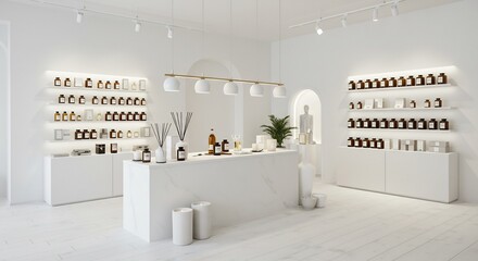 Boutique minimaliste blanche luminee par une douce lumiere naturelle diffuse. AI Generated