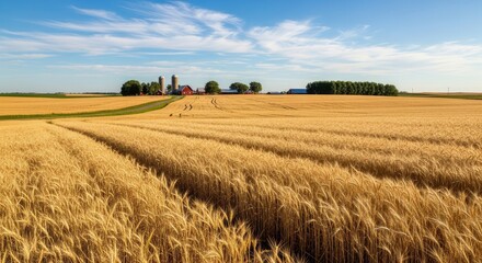 Fototapeta premium Vast golden wheat field under a blue sky with a traditional farm and barn in the distance.