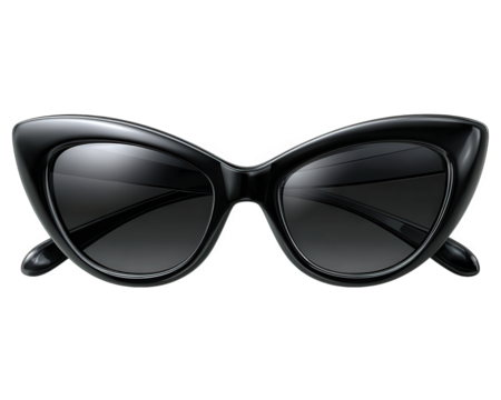 Black cat eye sunglasses with glossy frame, trendy eyewear style, reflecting light, modern fashion accessory, suitable for women, stylish and bold look, isolated on transparency background