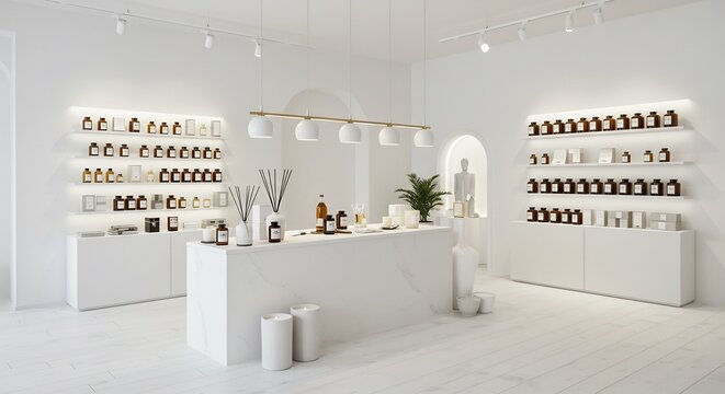 Boutique minimaliste blanche luminee par une douce lumiere naturelle diffuse. AI Generated