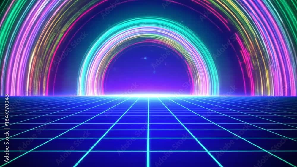 Poster retro wave grid with colorful portal animation