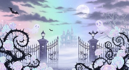 Haunted Castle Gate with Ghosts and Spooky Night Sky in Fantasy Landscape