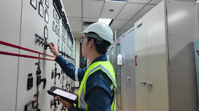 Substation control room engineer operating electrical panel with safety helmet and clipboard ensuring industrial system reliability and efficient power management in control environment
