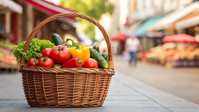 Basket of colorful vegetables suitable for food blogs, market ads, cooking websites, promoting healthy eating, and background image for recipes.