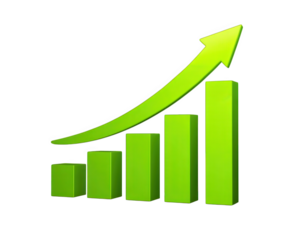 Green bar graph with upward arrow, symbolizing financial growth, success, and positive business trend, isolated on transparency background, modern 3D style, energetic and optimistic