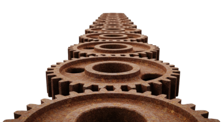 Long, intermeshed rusty cast iron gears against transparent studio background. Shallow DoF, sharp foreground rust, soft bokeh. Industrial decay and mechanical precision