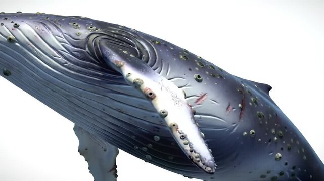 Magnificent Humpback Whale Close Up with Barnacles on Gray Skin Isolated on White