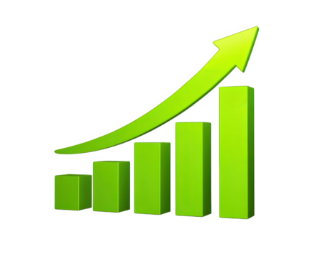 Green bar graph with upward arrow, symbolizing financial growth, success, and positive business trend, isolated on transparency background, modern 3D style, energetic and optimistic