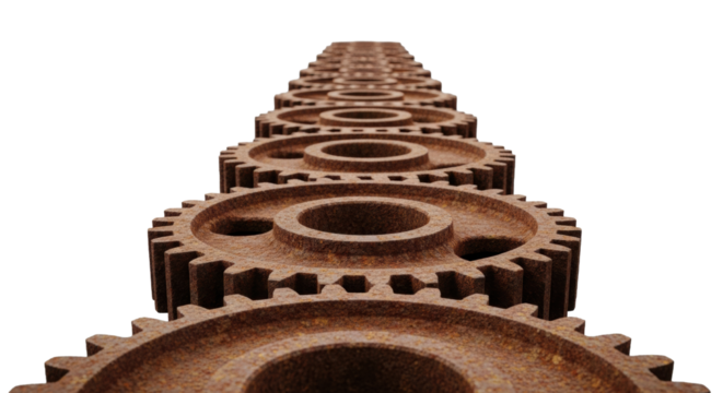 Long, intermeshed rusty cast iron gears against transparent studio background. Shallow DoF, sharp foreground rust, soft bokeh. Industrial decay and mechanical precision