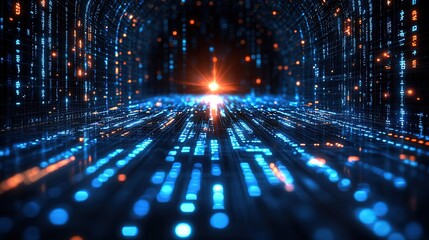 Digital Data Tunnel with Glowing Lights and Binary Code, Futuristic Background for Tech - Related Projects 