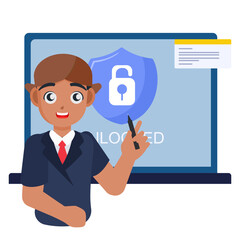 Flat vector illustration of a young Javanese man wearing traditional attire, presenting a cyber crime awareness session using a large digital screen. The screen features a security shield