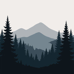 "Mountain landscape vector illustration – scenic pine forest silhouette with layered hills for nature, adventure, and outdoor design projects."