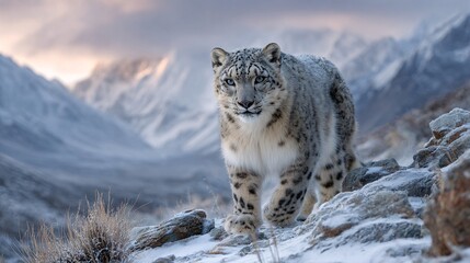 Fototapeta premium Majestic snow leopard traversing a rugged, snowy mountain landscape, showcasing its grace and power in the wild winter habitat.