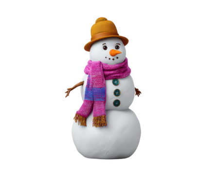 Snowman winter cute papercut layered scarf hat carrot button cheerful isolated transparency background seasonal cold festive playful holiday decoration snow outdoor happy smiling traditional