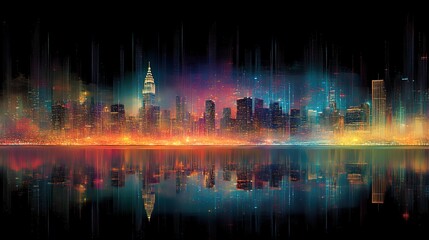 Obraz premium Neon - lit City Skyline with Reflective Water at Night 