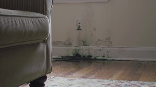 Mold Damage Spreads Across Interior Wall Near Electrical Outlet In Neglected Home