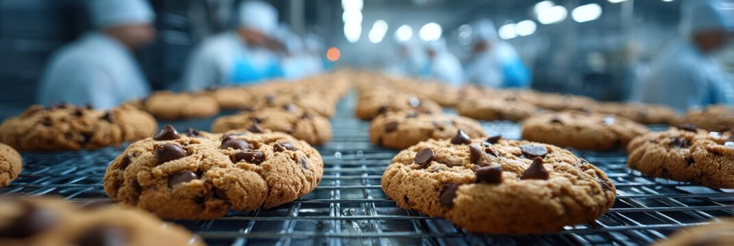Freshly baked chocolate chip cookies cooling on a conveyor belt in a bustling bakery