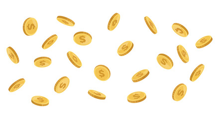 Golden coins falling from the air on white background