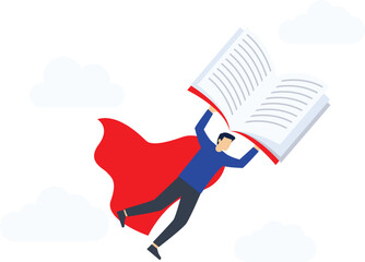 Discover knowledge. Businessman holding a book soars in the sky. Vector

