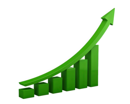 Green bar graph upward arrow financial growth business success isolated on transparency background 3D illustration positive trend economic progress modern style