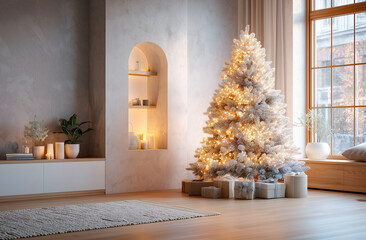 Christmas tree in the living room decorated with candles. 3d rendering