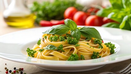 Plate of pasta with basil, tomatoes, and oil. Perfect for food blogs, menus, and italian cuisine websites or marketing material.
