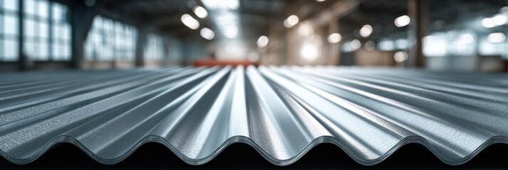 Metallic roofing sheets arranged in a warehouse during daylight hours with blurred background