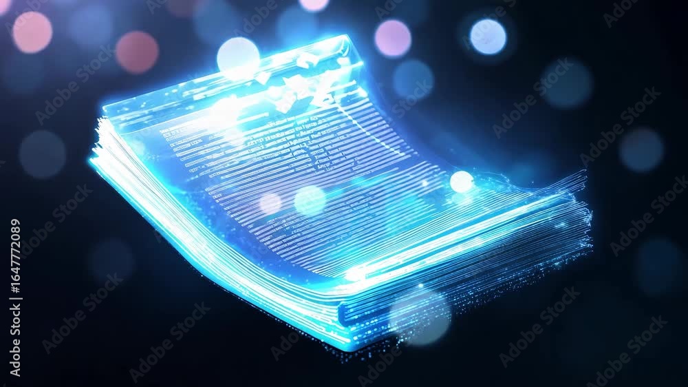 Aufkleber a glowing digital document with cascading text floats in a vibrant abstract background filled with b