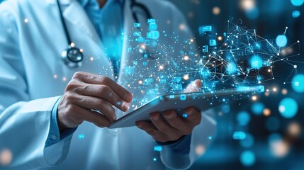 Doctor Using Tablet with Digital Network Visuals in Healthcare Tech