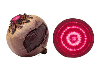 Fresh Chioggia Beetroot: Whole Root and Stunning Candy Stripe Cross-Section Isolated on White, Ideal for Healthy Eating and Nutrition Concepts.