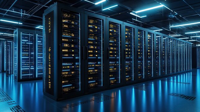 High - tech Server Room with Rows of Server Racks and Illuminated Lights