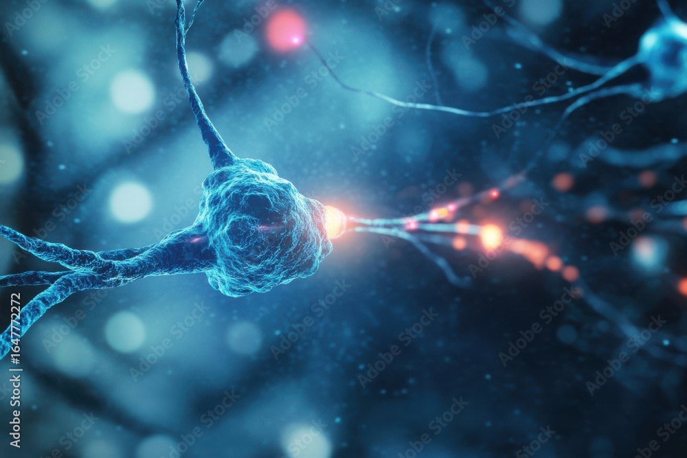 Poster neural network illustration: a microscopic view of brain cells and synaptic activity in vivid detail