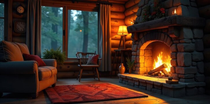 Warm, inviting hearth fire glows in a cozy forest cabin, casting dancing shadows on rustic wooden walls and a stone fireplace Perfect for autumn, winter, or cozy home themes , peace, cozy, texture