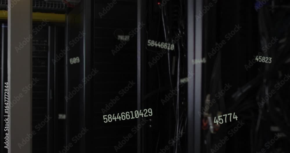 Fototapete after pause numeric strings appearing from left drifting across racks and cables showing data flow