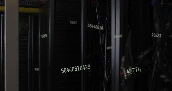 After pause numeric strings appearing from left drifting across racks and cables showing data flow