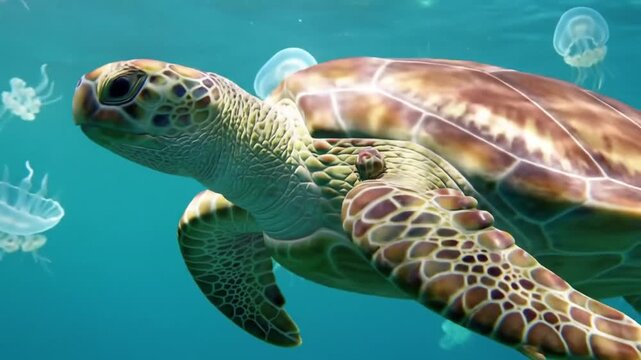 Sea Turtle Surrounded By Jellyfish Swimming In Azure Blue Ocean Water