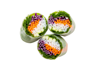 Three Fresh Vietnamese Spring Rolls (Goi Cuon) Isolated on White Background, Healthy Asian Summer Rolls with Vibrant Vegetables